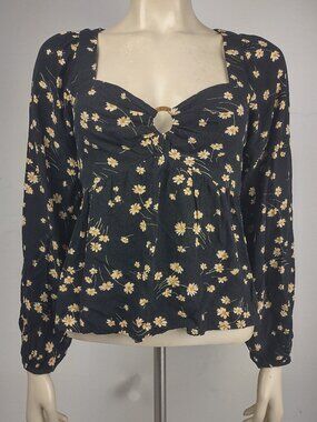 NWT American Eagle black floral keyhole front long sleeve babydoll top Small Y2K